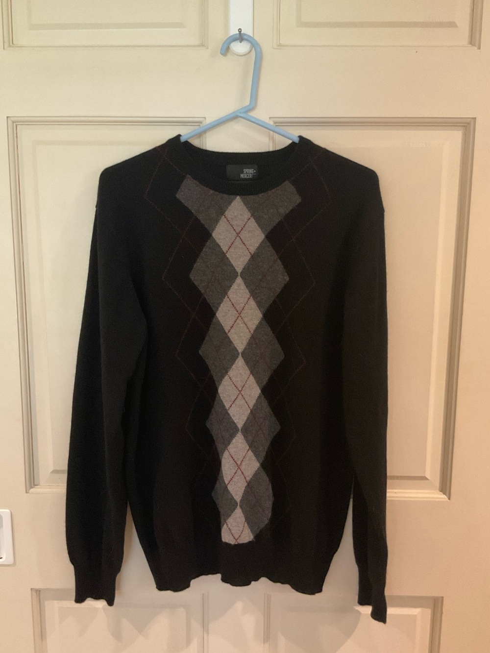 Spring+Mercer 100% cashmere Men's Black Argyle Crewneck Sweater
